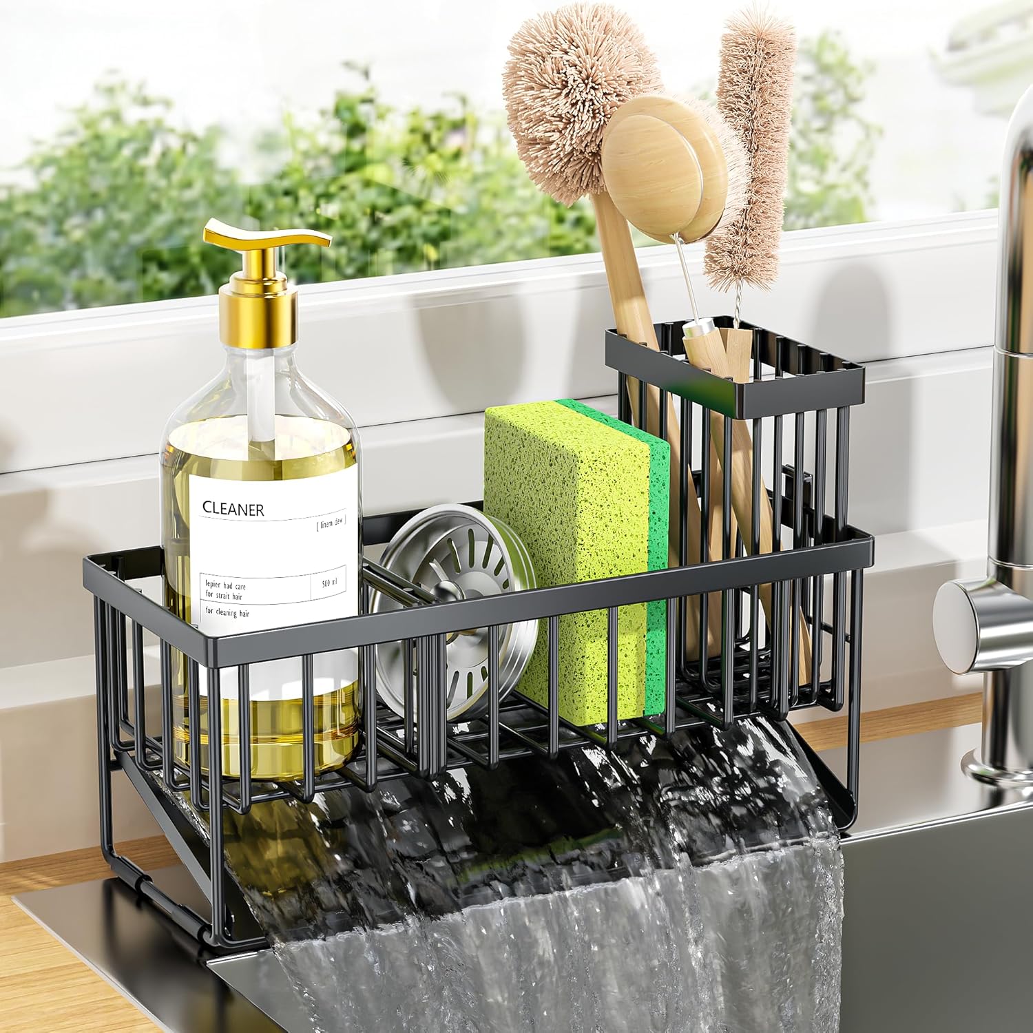 Self-draining stainless steel sink organizer for sponges and brushes